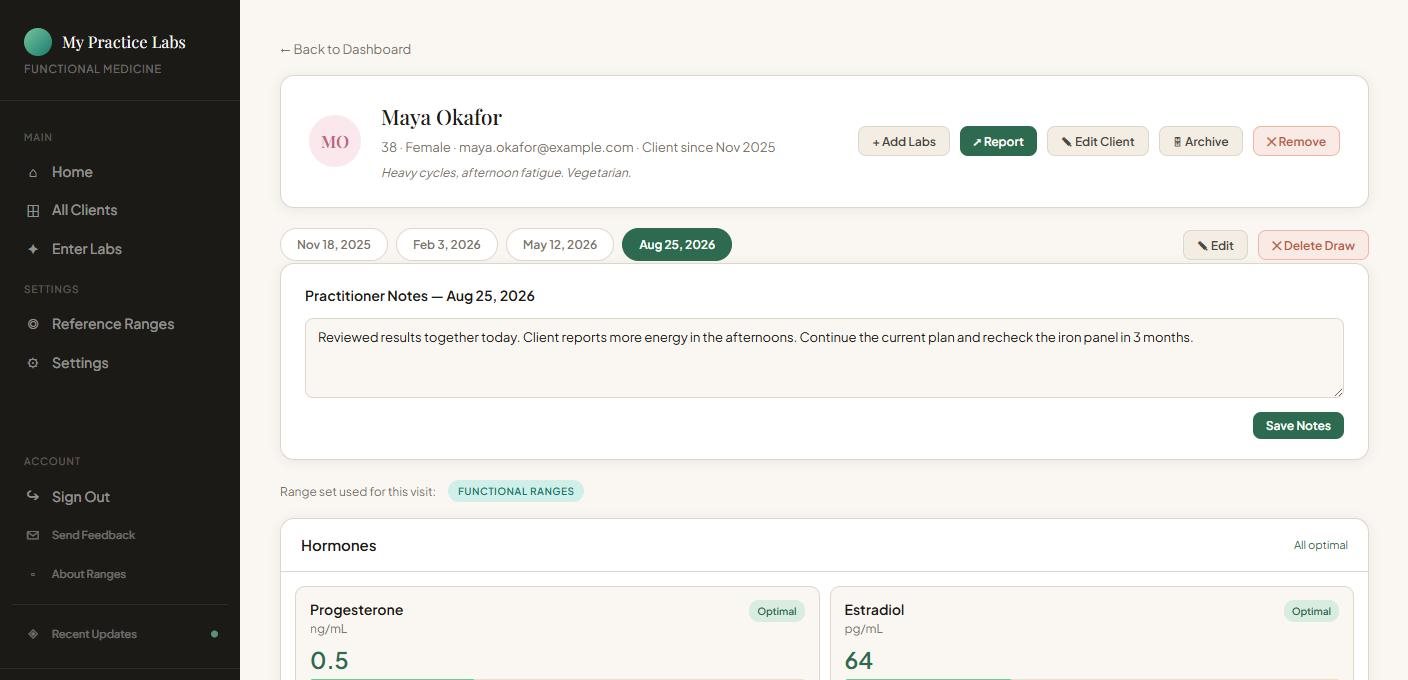 Client profile with visits listed by draw date and practitioner notes