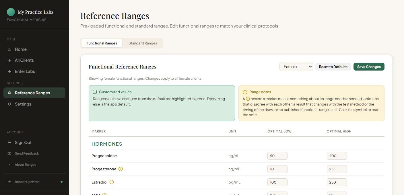 Reference ranges page with editable functional ranges